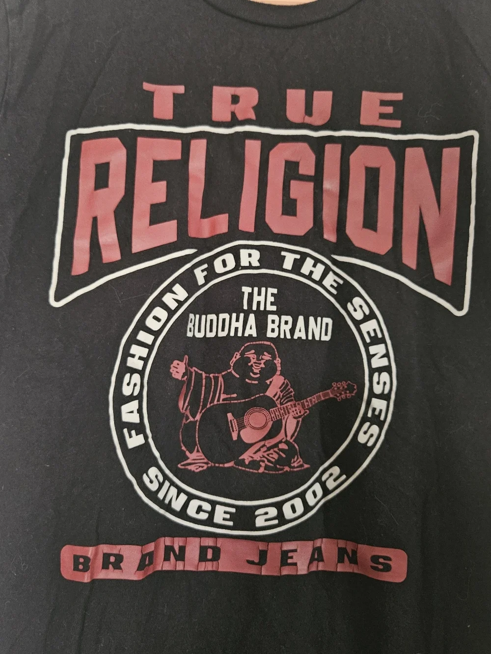 True Religion Black Short-Sleeve Tee with Red Logo Graphic Small